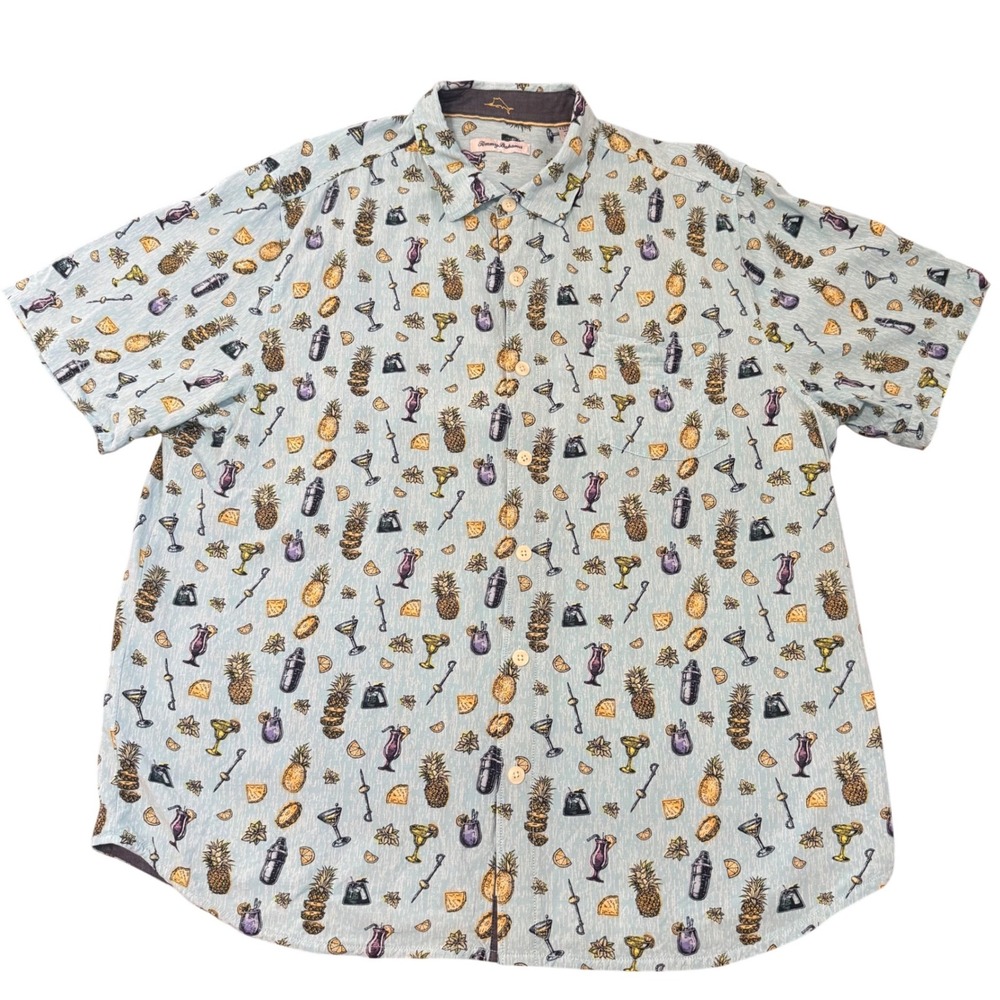 Tommy Bahama Mens XLT Blue Cocktail Pineapple Print Viscose Button Down‎ Shirt